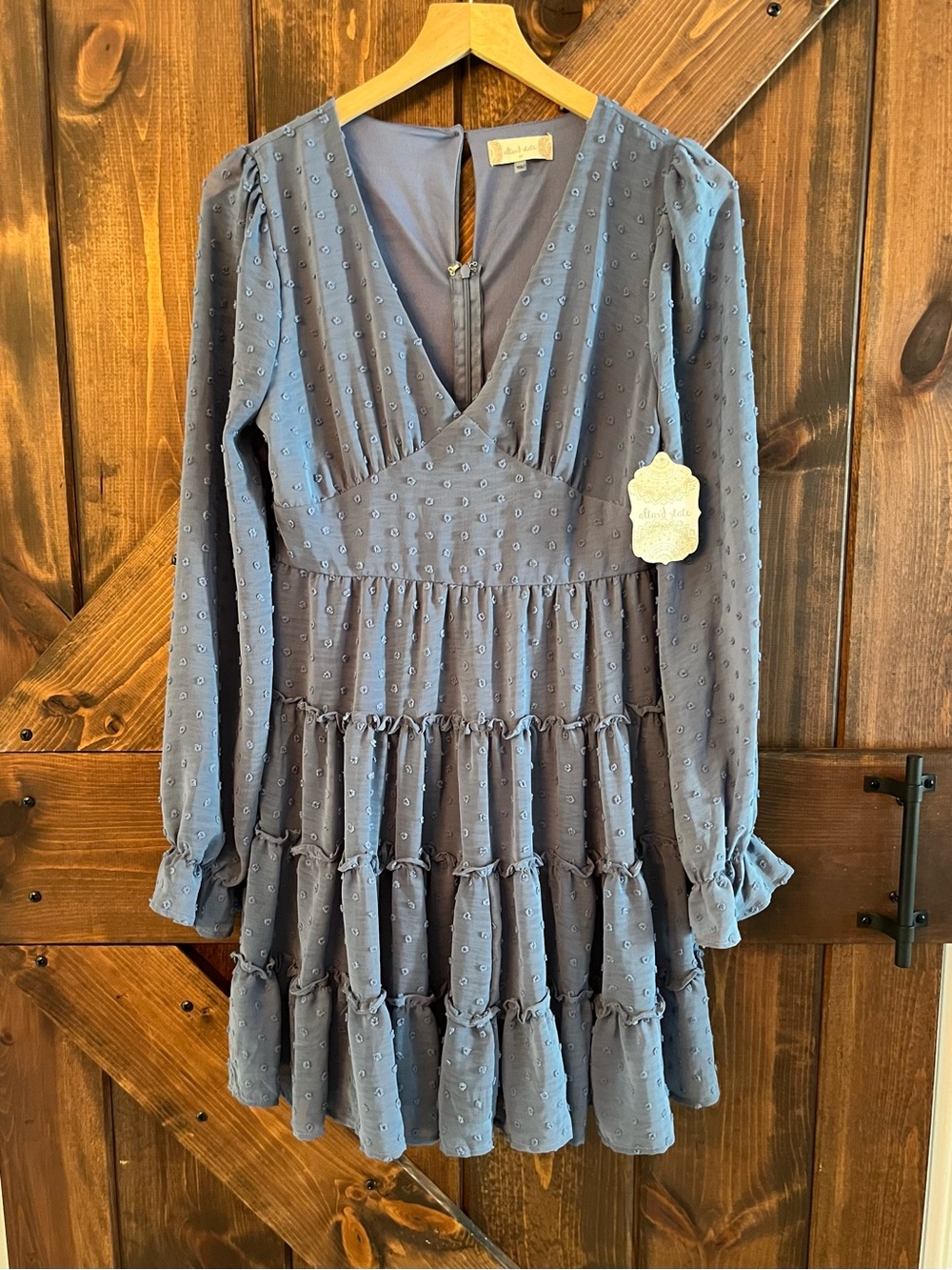 Altar'd State Dusty Blue Tiered Long-Sleeve Dress- medium- NEW WITH TAGS- v neck